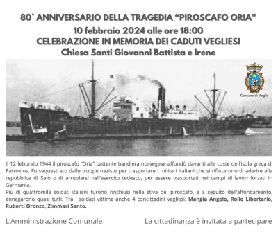 80° Anniversario  del naufragio del Piroscafo ORIA - Celebraz...