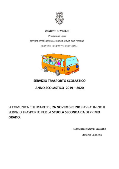 AVVISO AVVIO DEL SERVIZIO DI TRASPORTO SCOLASTICO PER LA SCUOLA SECONDARIA DI...