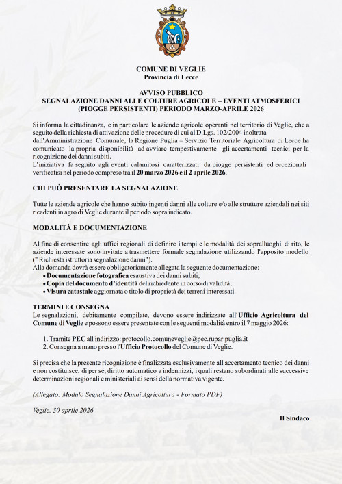 Avviso pubblico &ndash; Segnalazione danni alle colture agricole causati dall...
