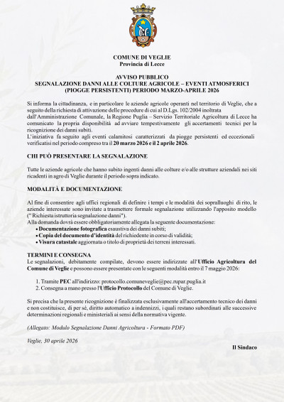 Avviso pubblico &ndash; Segnalazione danni alle colture agricole causati dall...