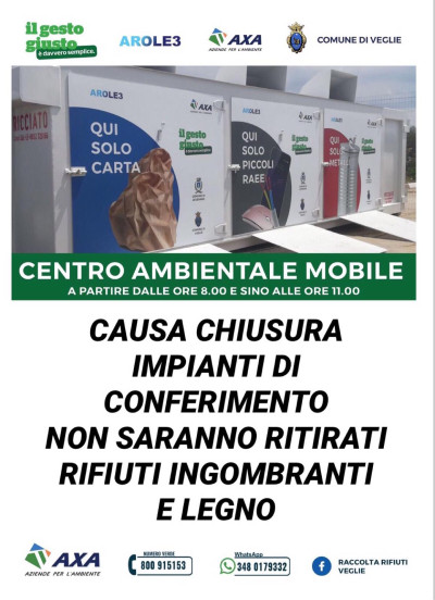 LIMITAZIONE ACCETTAZIONE CONFERIMENTI PRESSO IL CENTRO AMBIENTALE MOBILE